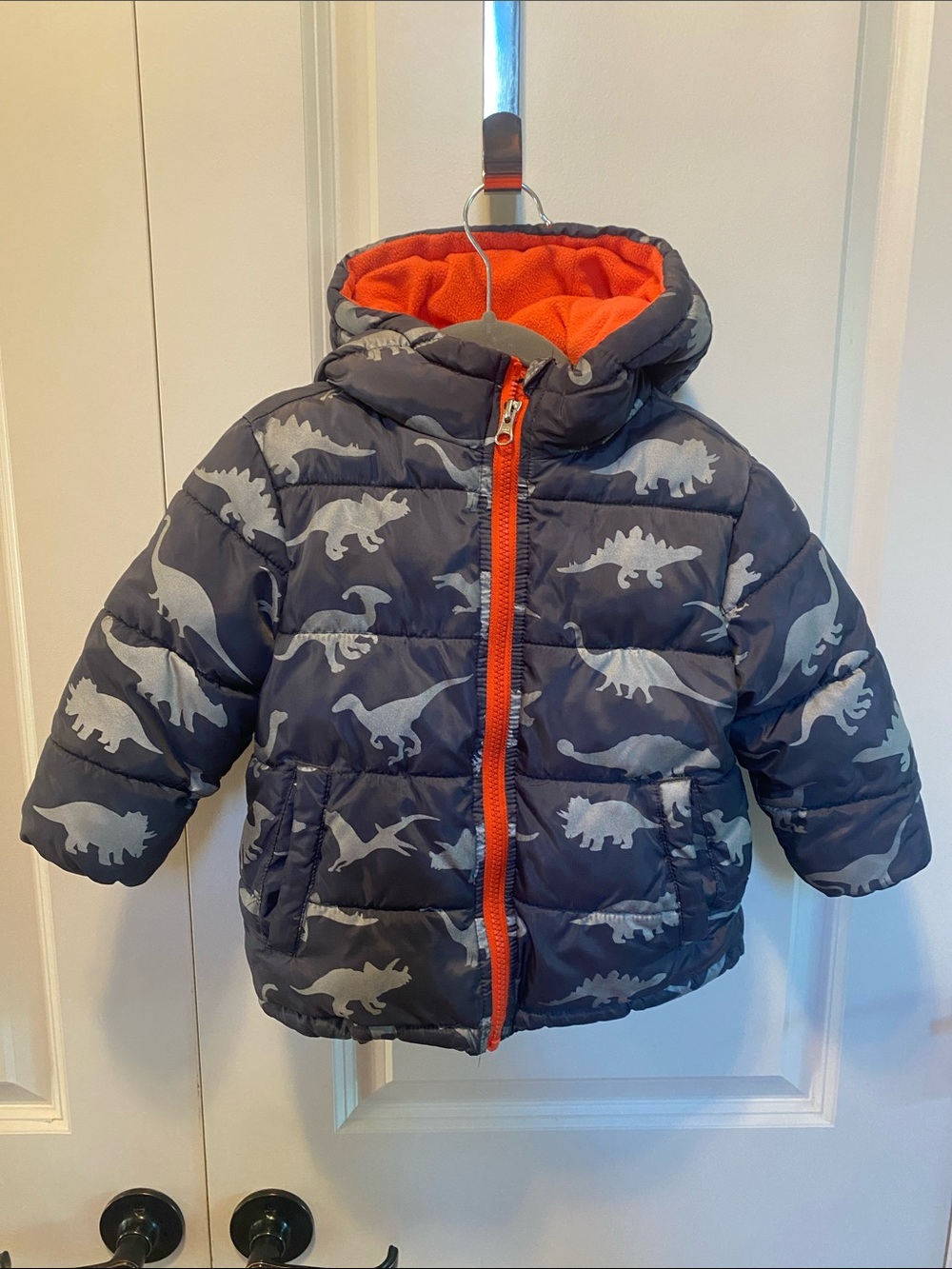 wonder nation Gray Dinosaur Puffer Jacket with Orange Lining